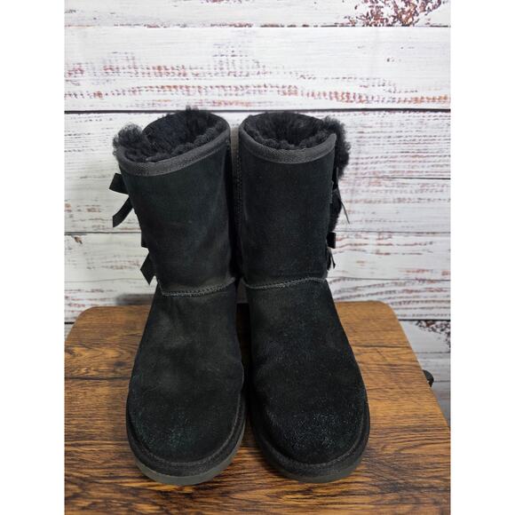 UGG Koolaburra Boots Womens 8 Black Suede Shearling Mid Calf Bows - Picture 2 of 7